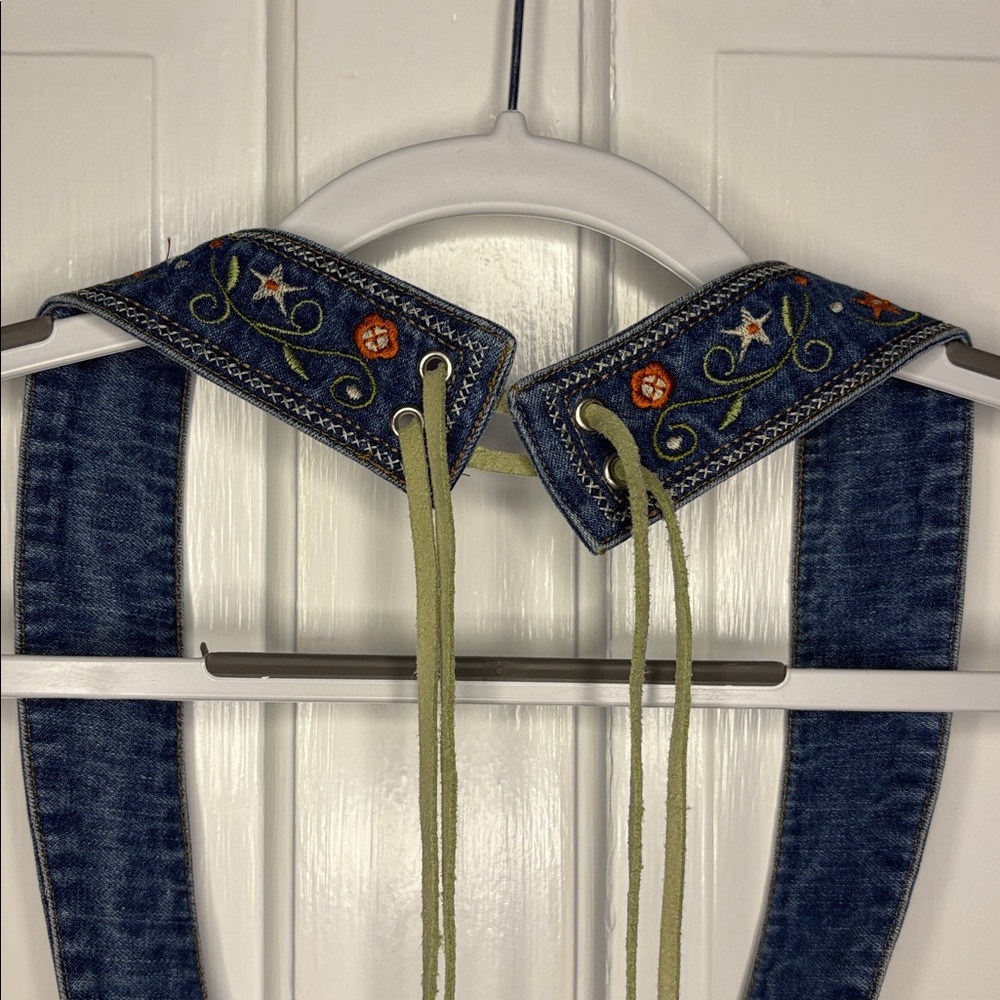 Embroidered Denim Harness Belt with Olive Lace-Up Ties